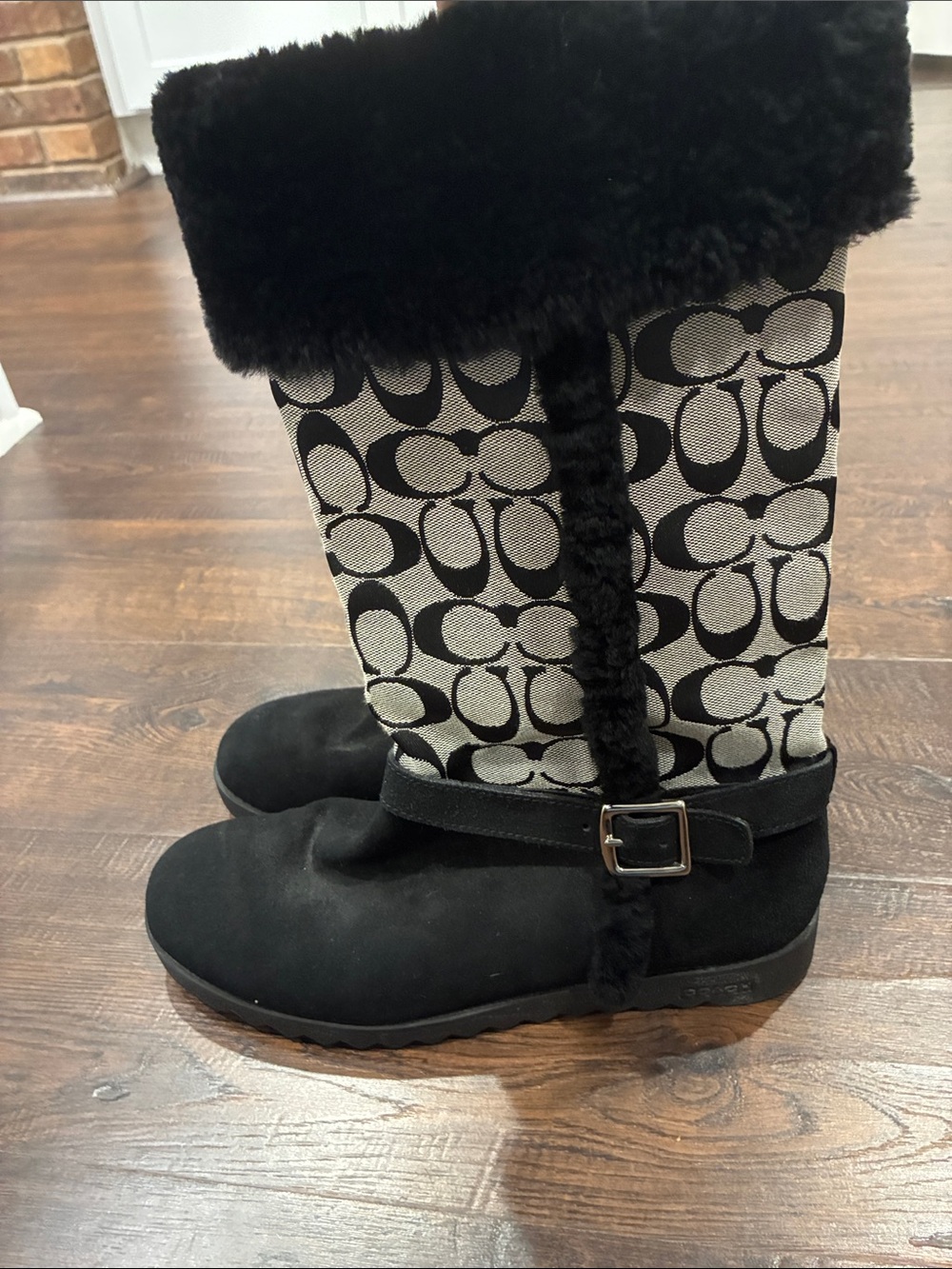 Coach Black and Cream Signature Logo Shearling-Trim Mid-Calf Boots